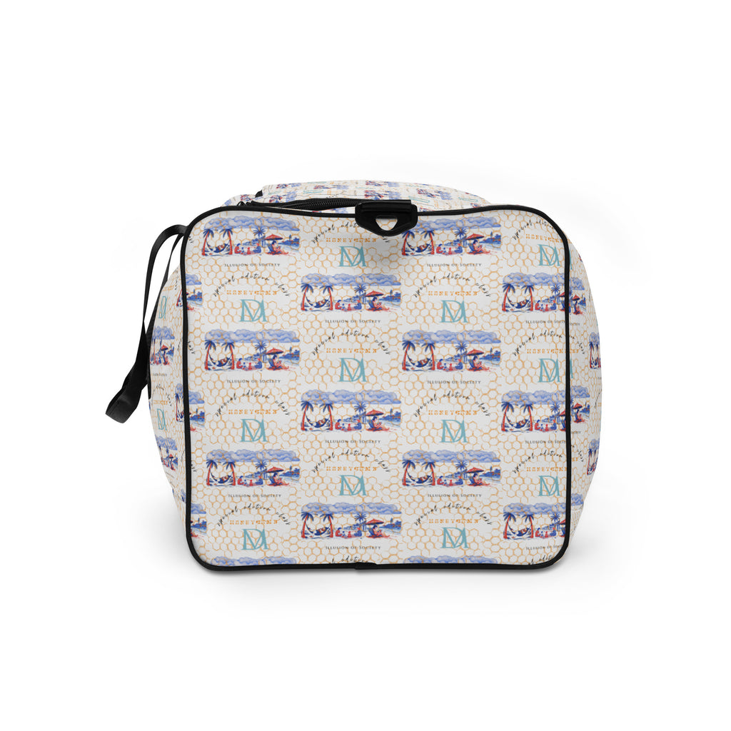Daemon Luxury Honeybee Intel forecast duffle bag with all-over white print, featuring a spacious design and sturdy handles.
