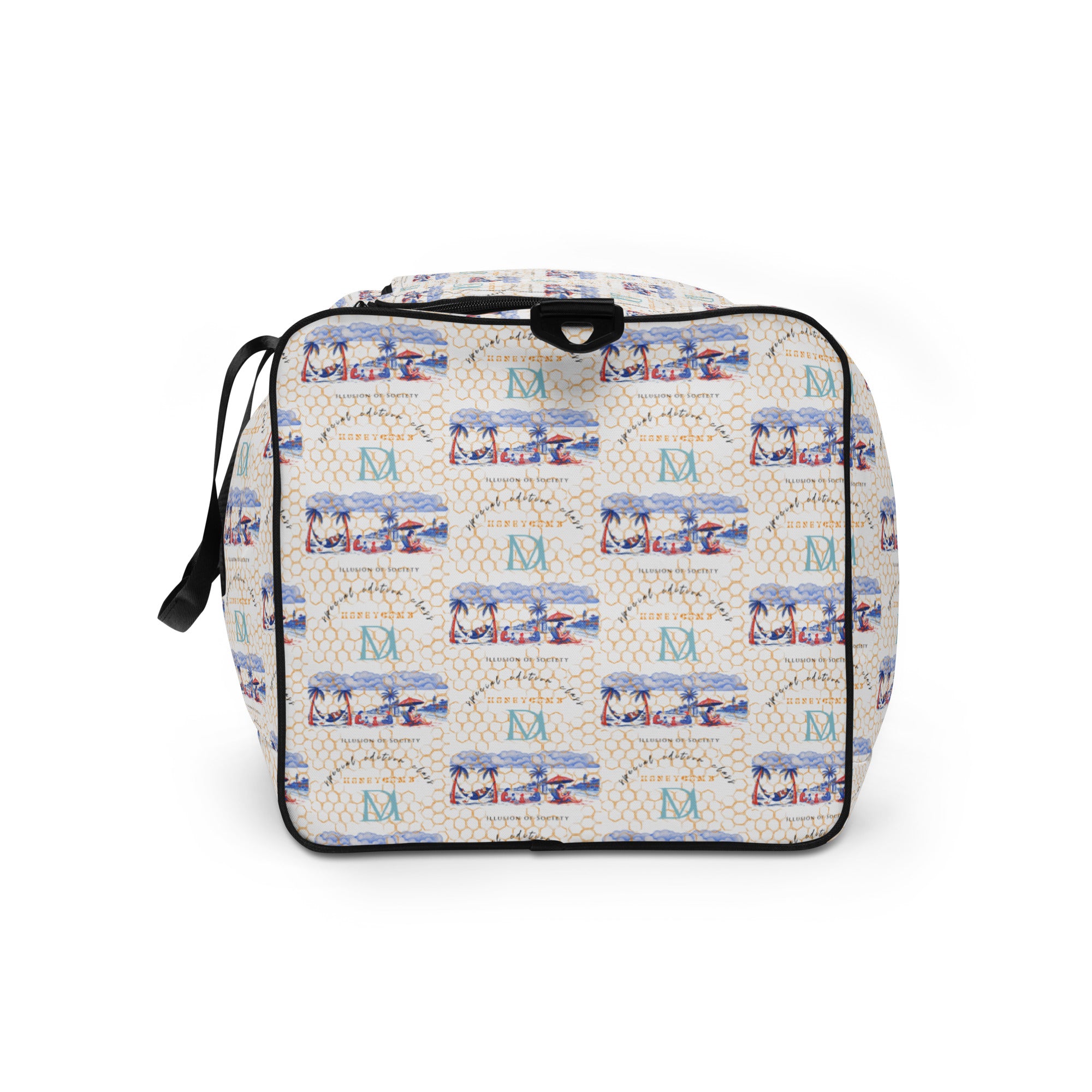 Daemon Luxury Honeybee Intel forecast duffle bag with all-over white print, featuring a spacious design and sturdy handles.
