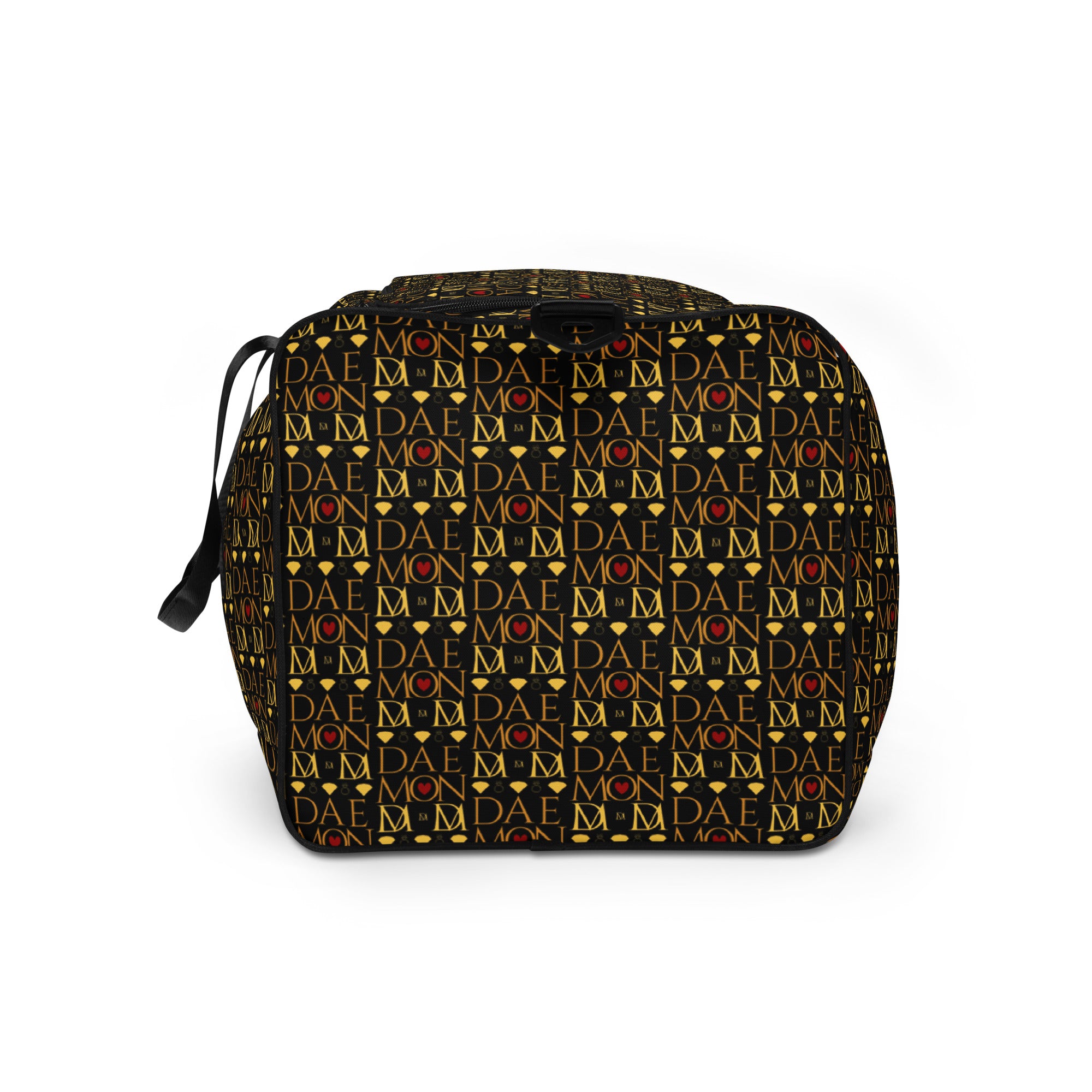 Sun Glow California Borsone by Daemon Luxury, all-over-print white duffle bag with vibrant sun and landscape design, left side view.