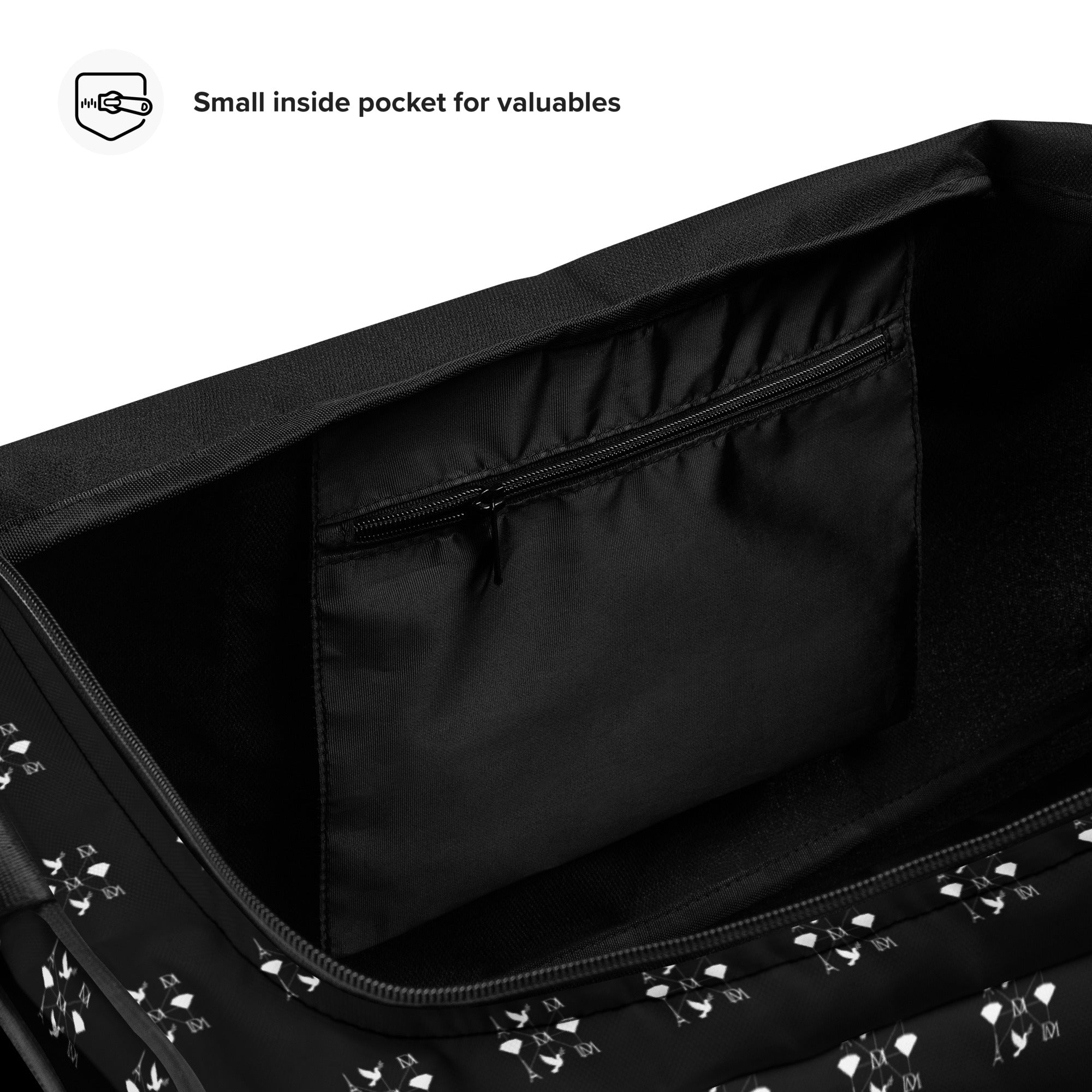 Daemon Makara Coroner duffle bag with all-over white print, showcasing its spacious design and detailed pattern.