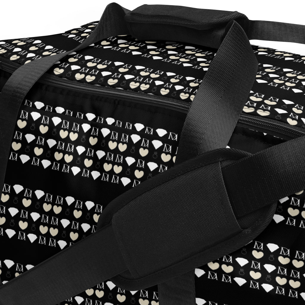 Daemon Frosted Diamonds Rich Love print all-over duffle bag with white background and diamond pattern for travel and gym use.