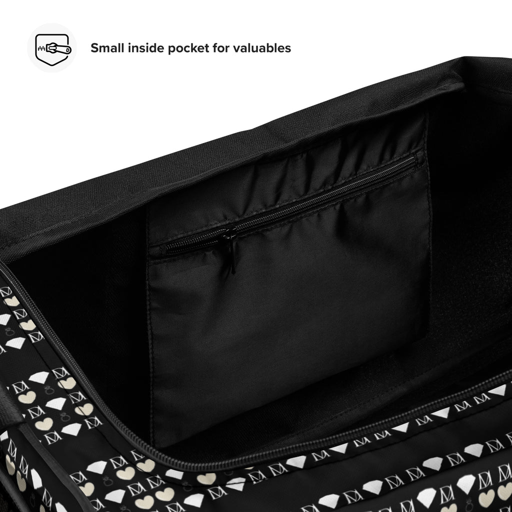 Frosted Diamonds Rich Love Daemon duffle bag with all-over white print and stylish design, ideal for travel and everyday use.