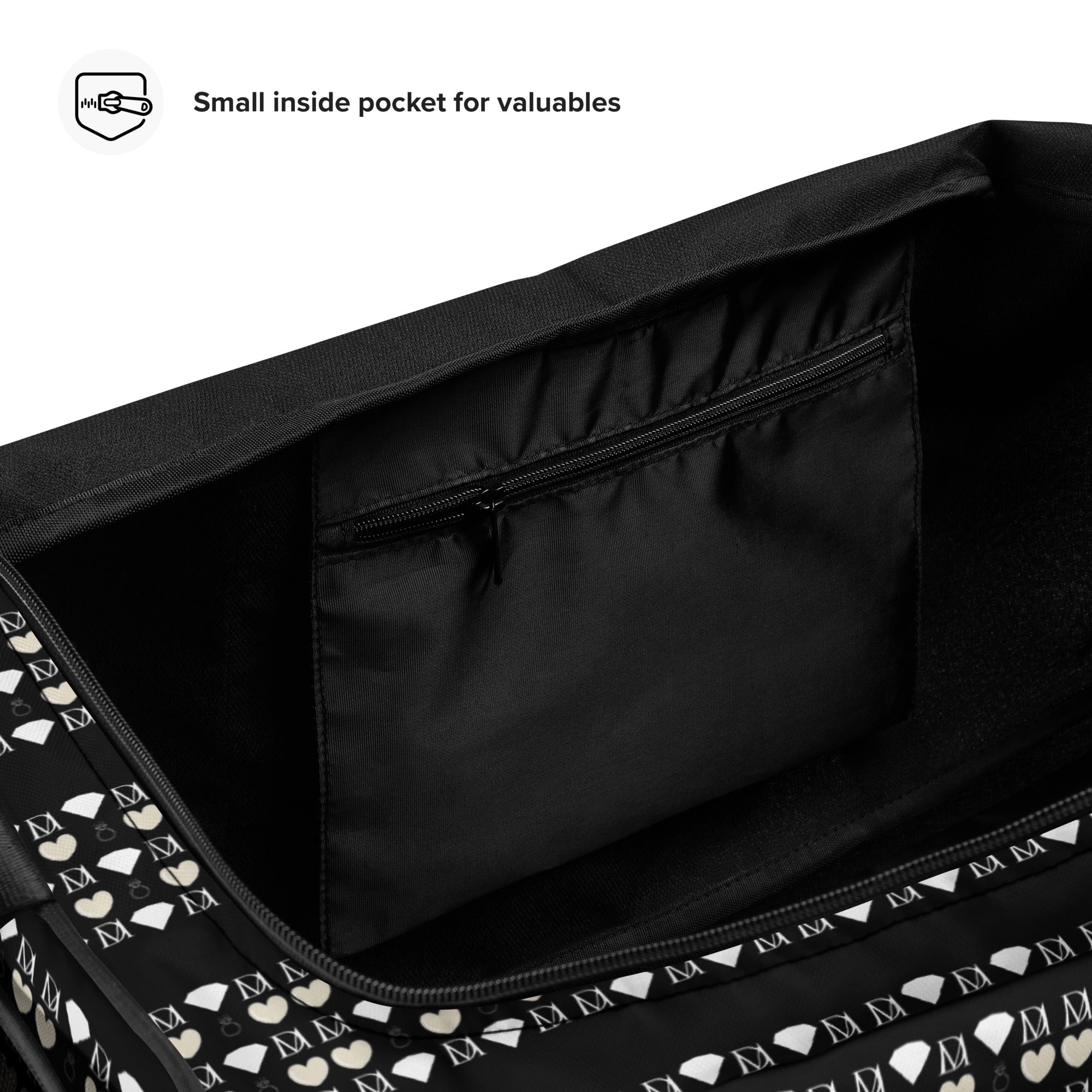 Frosted Diamonds Rich Love Daemon duffle bag with all-over white print and stylish design, ideal for travel and everyday use.