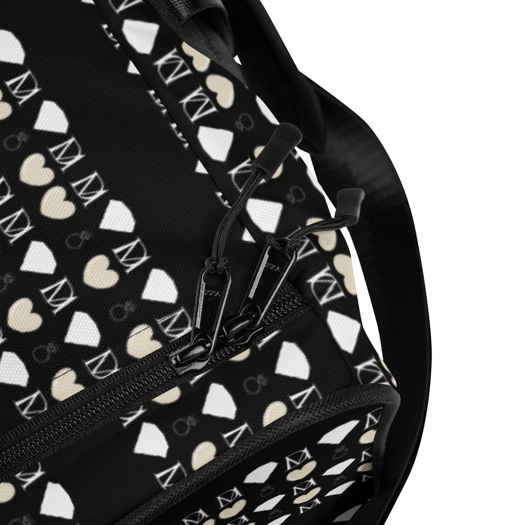 White Daemon Frosted Diamonds Rich Love duffle bag with all-over-print design and sturdy handles.