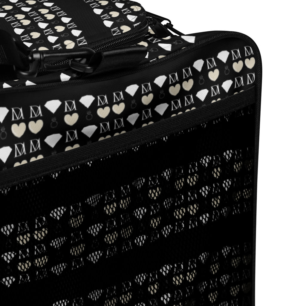 Frosted Diamonds Rich Love all-over print duffle bag by Daemon featuring a white background and diamond pattern design.