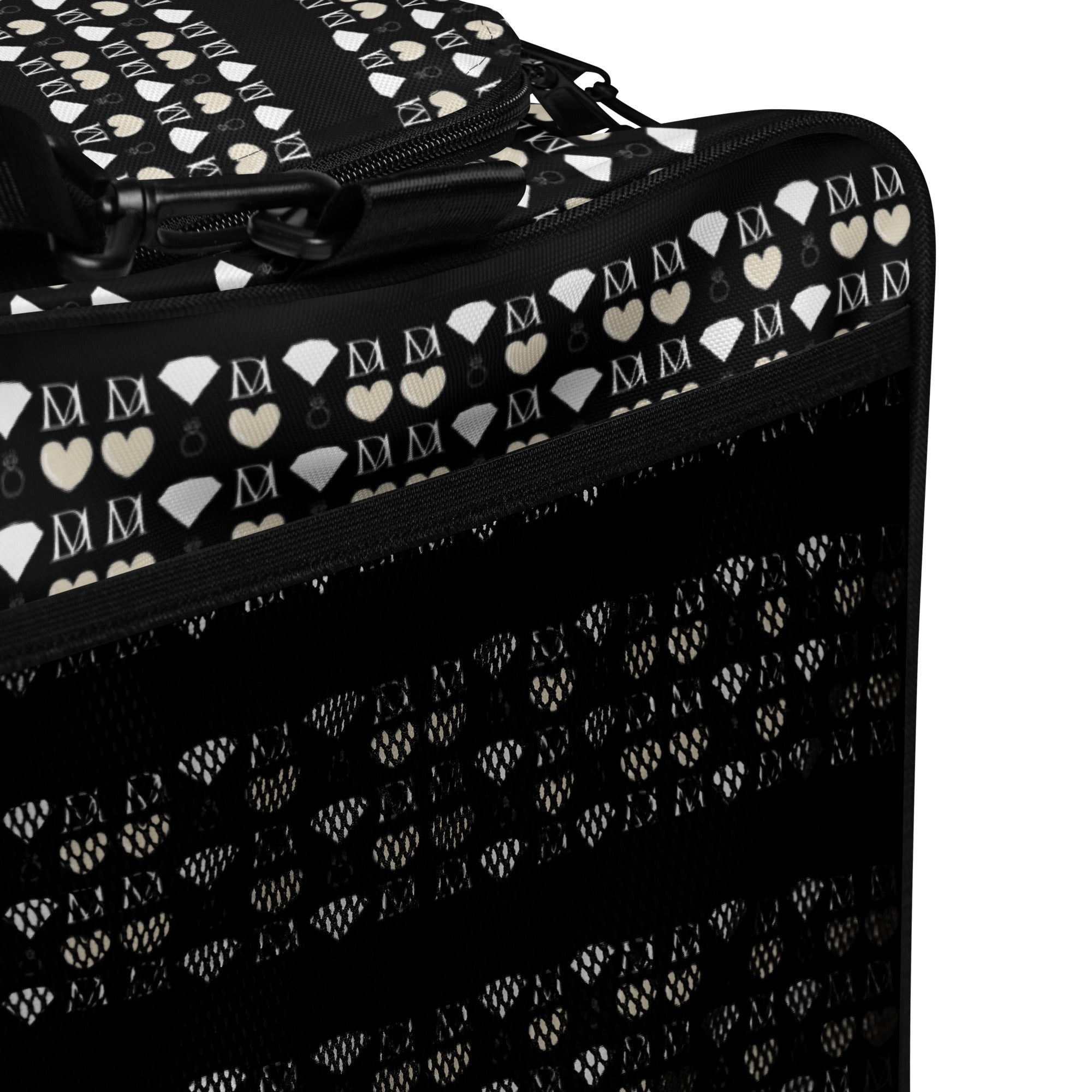 Frosted Diamonds Rich Love all-over print duffle bag by Daemon featuring a white background and diamond pattern design.