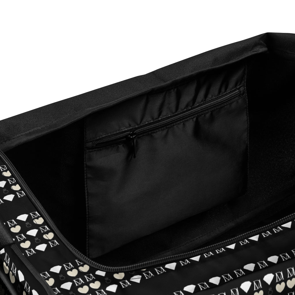 Daemon Frosted Diamonds Rich Love all-over-print white duffle bag with diamond pattern and durable fabric.