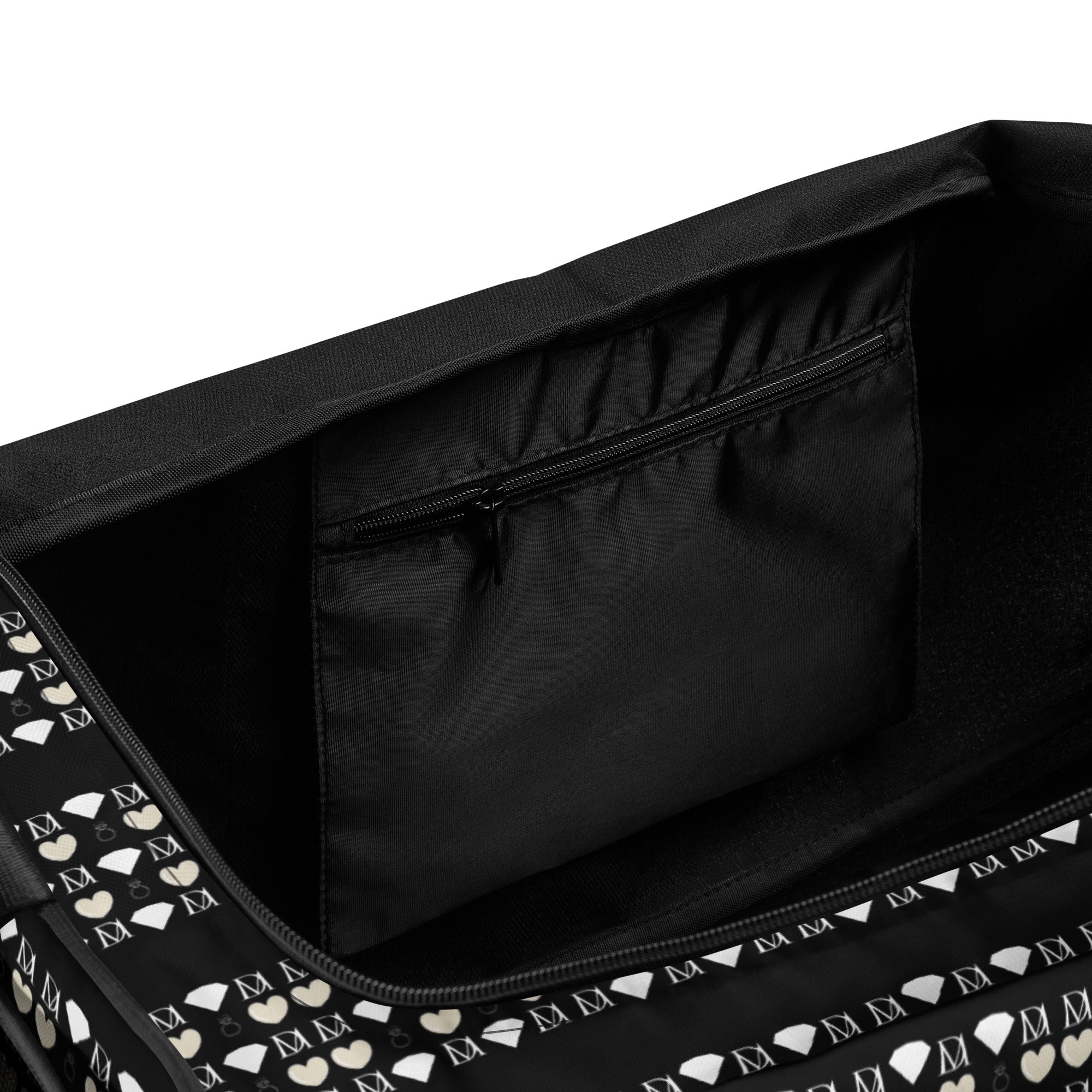 Daemon Frosted Diamonds Rich Love all-over-print white duffle bag with diamond pattern and durable fabric.