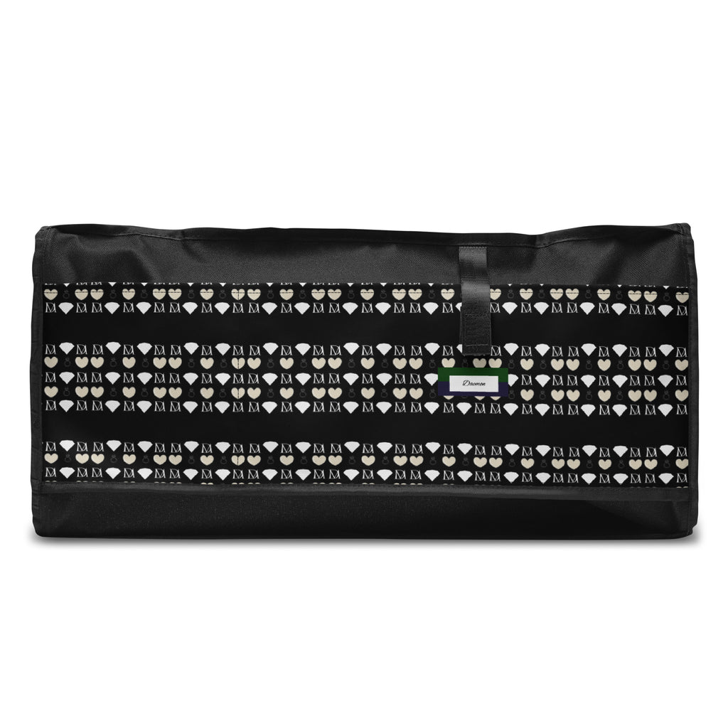 Daemon Frosted Diamonds Rich Love all-over-print white duffle bag showing diamond pattern and sturdy fabric.