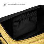 Pacifica Solar Butter all-over-print duffle bag by Daemon Luxury, white fabric with colorful sun and wave design.
