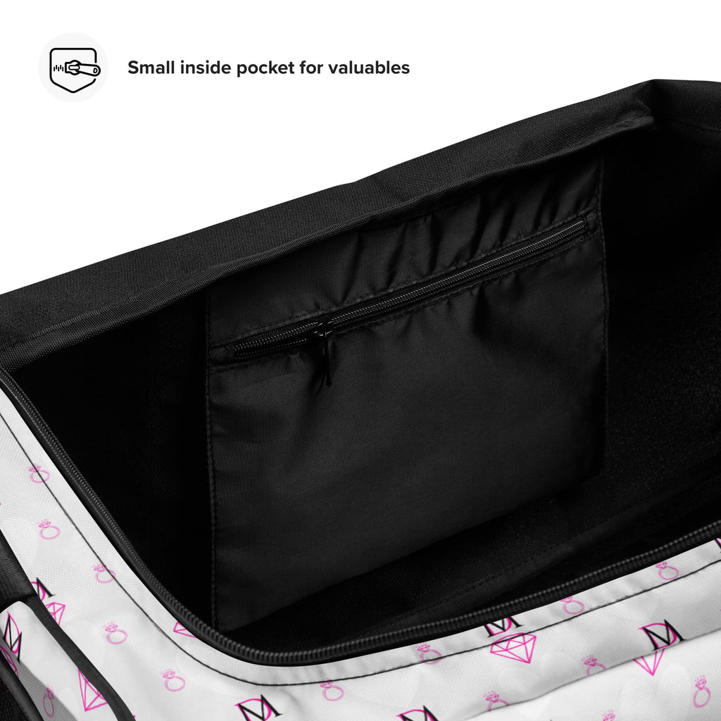 White Daemon Luxury Frosted Hearts Artica duffle bag with all-over heart print, stylish and spacious for travel or gym use.