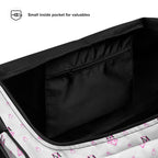 White Daemon Luxury Frosted Hearts Artica duffle bag with all-over heart print, stylish and spacious for travel or gym use.