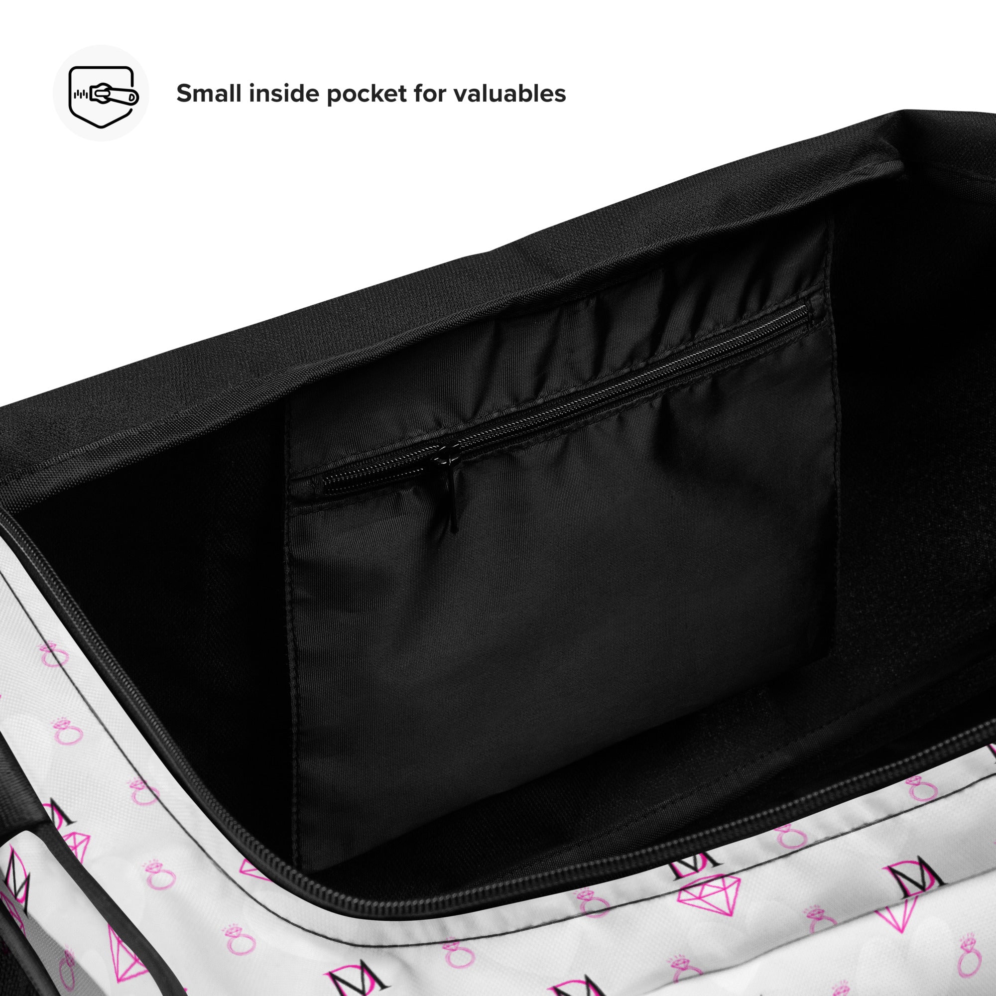 White Daemon Luxury Frosted Hearts Artica duffle bag with all-over heart print, stylish and spacious for travel or gym use.