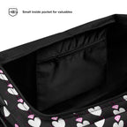 White Daemon Luxury Frosted Hearts Nemesis Borsone duffle bag with all-over heart print, sturdy handles and spacious design.
