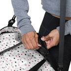 Daemon Luxury Speckled Diamonds Artica Blizzard duffle bag with all-over white print, stylish travel accessory.