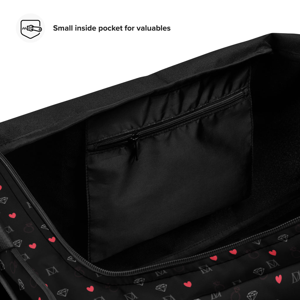 Daemon Luxury Speckled Diamonds NEMESIS duffle bag with all-over white print, stylish and spacious for travel or gym use.