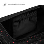 Daemon Luxury Speckled Diamonds NEMESIS duffle bag with all-over white print, stylish and spacious for travel or gym use.