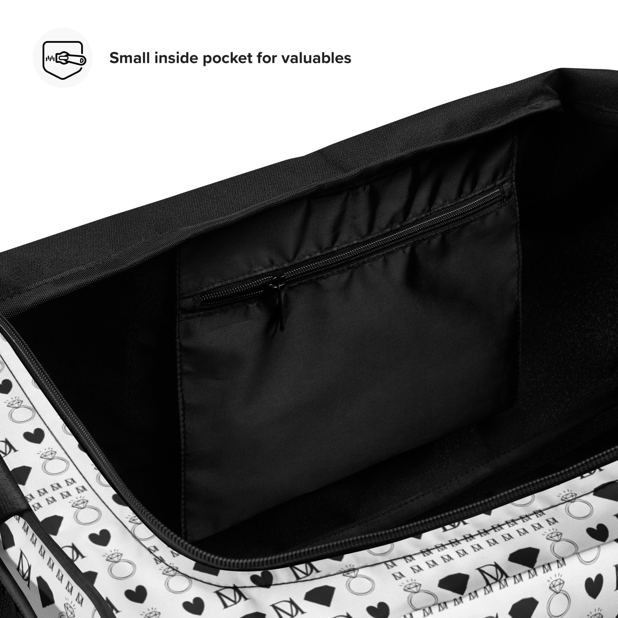 Daemon Luxury Dim Diamonds Artica Nero duffle bag with all-over black diamond print and white background.