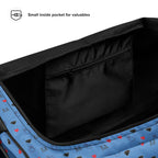 Speckled Diamonds Minno Harbor all-over-print duffle bag by Daemon Luxury with white background and detailed pattern.