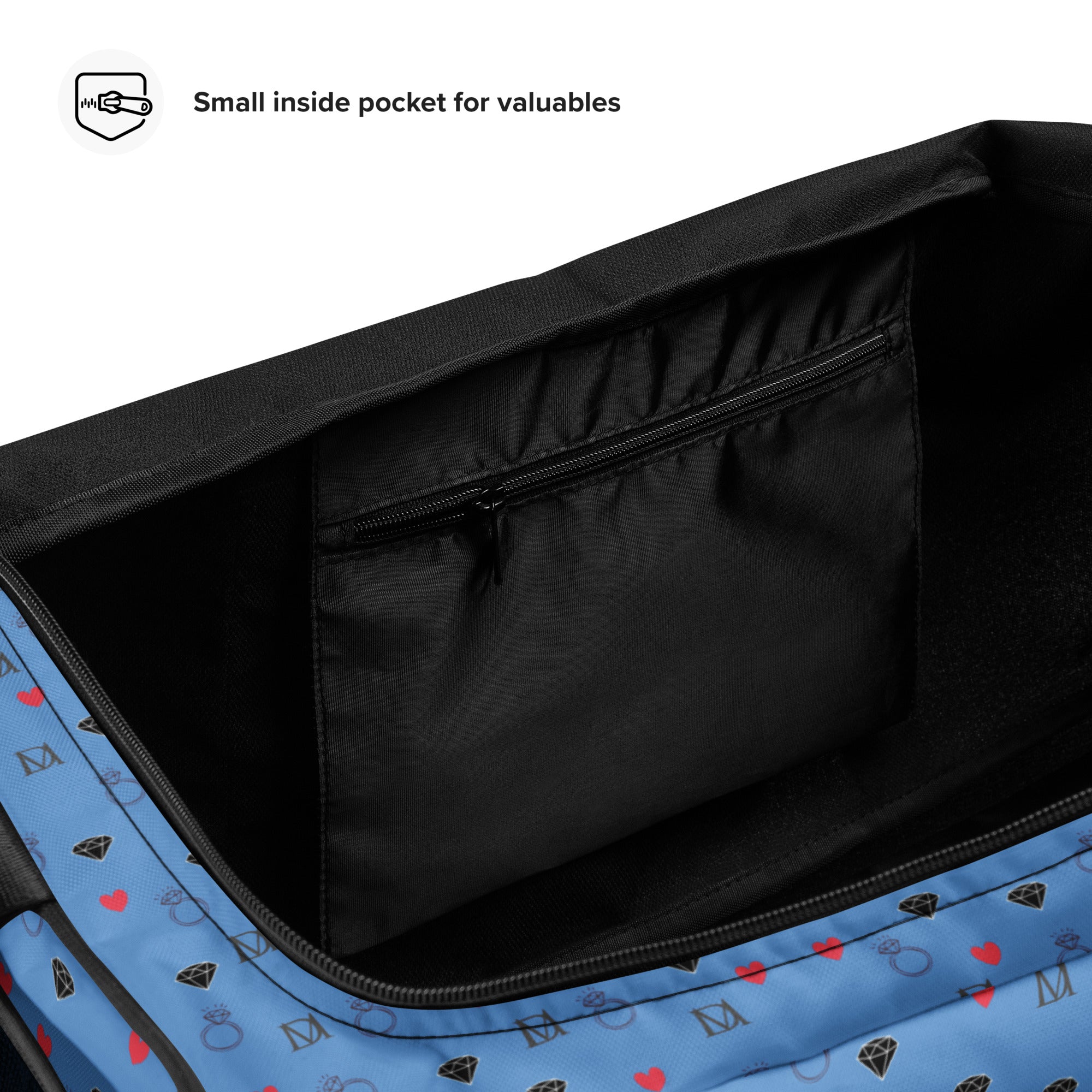 Speckled Diamonds Minno Harbor all-over-print duffle bag by Daemon Luxury with white background and detailed pattern.