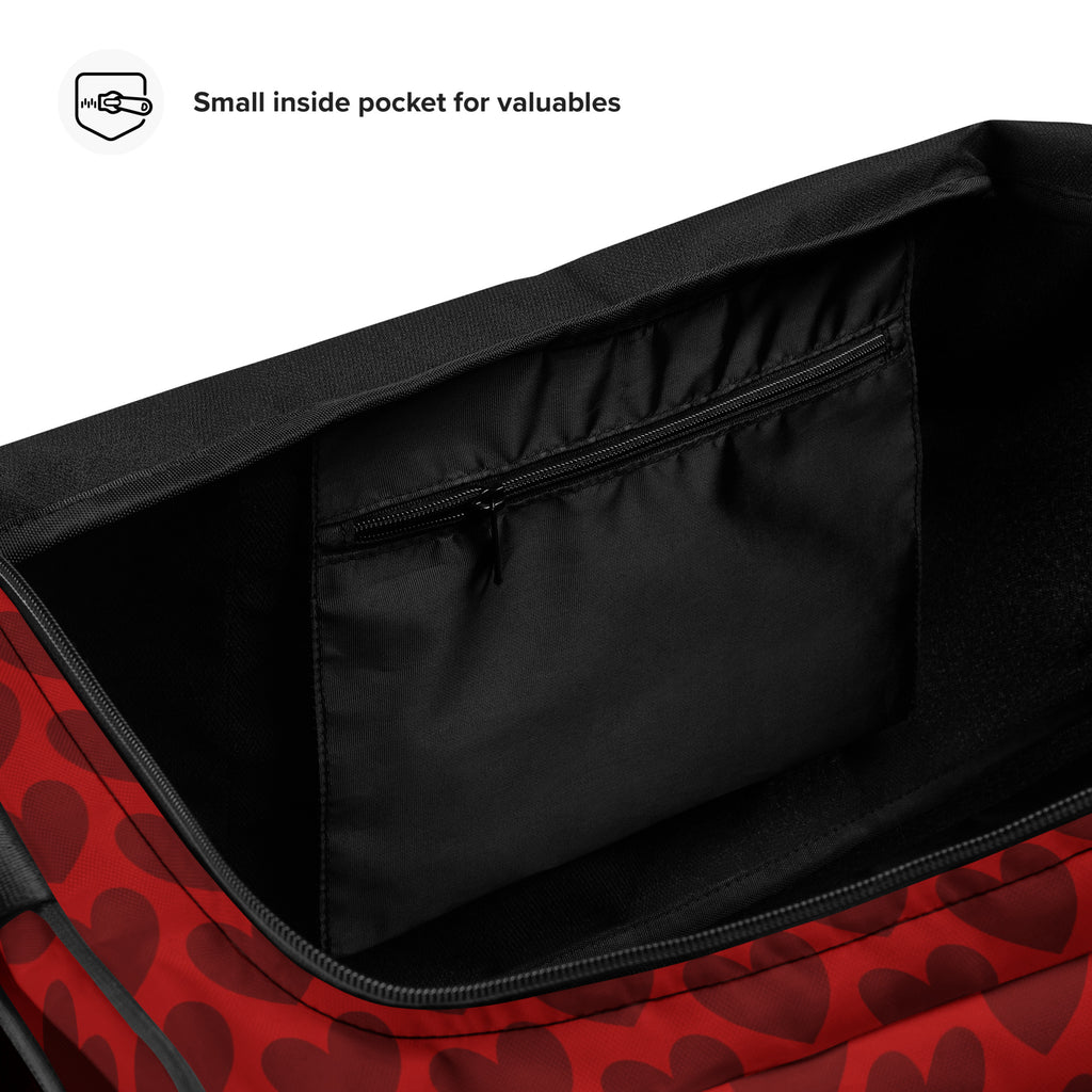 White Heartfelt Borsone duffle bag by Daemon Luxury with all-over print, showing its spacious design and stylish details.