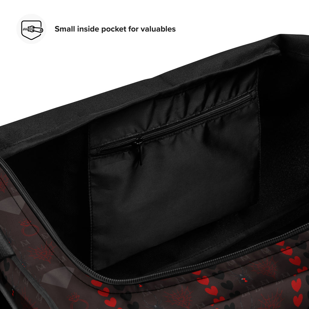 Daemon Luxury Supreme Models (More Less Love) white duffle bag with all-over print, spacious and stylish for travel or gym use.