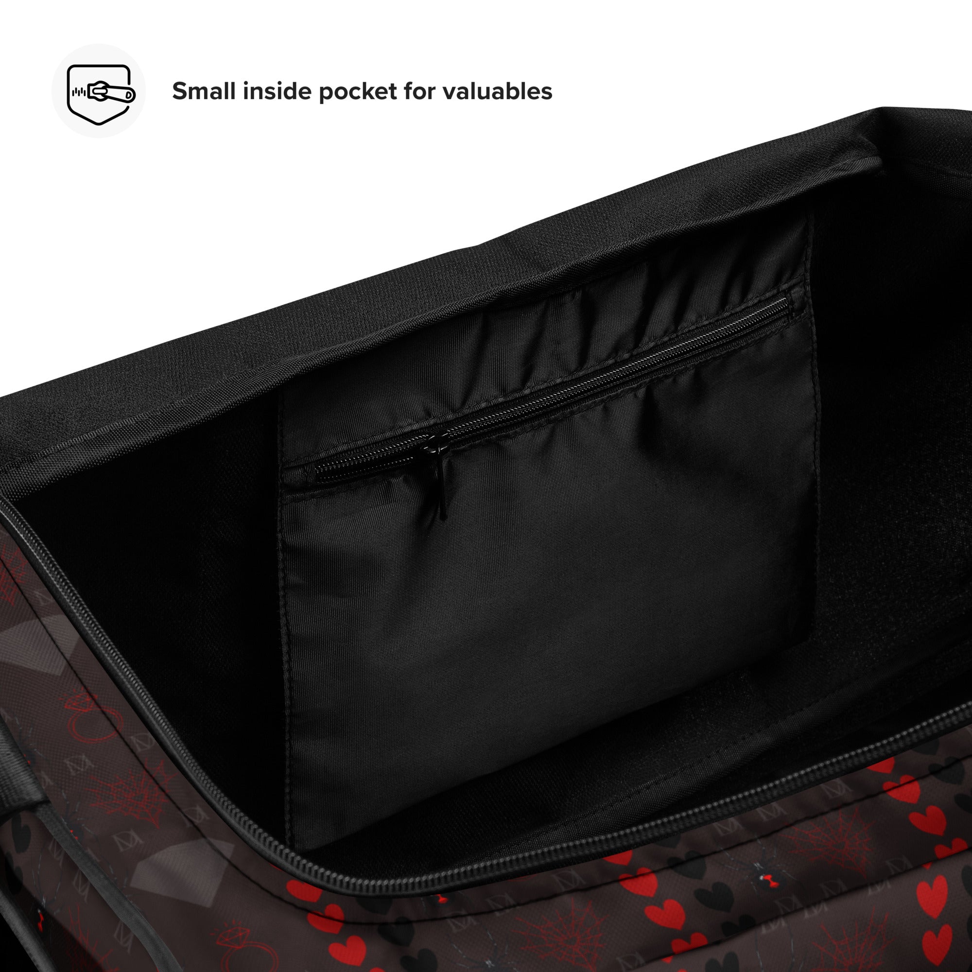 Daemon Luxury Supreme Models (More Less Love) white duffle bag with all-over print, spacious and stylish for travel or gym use.