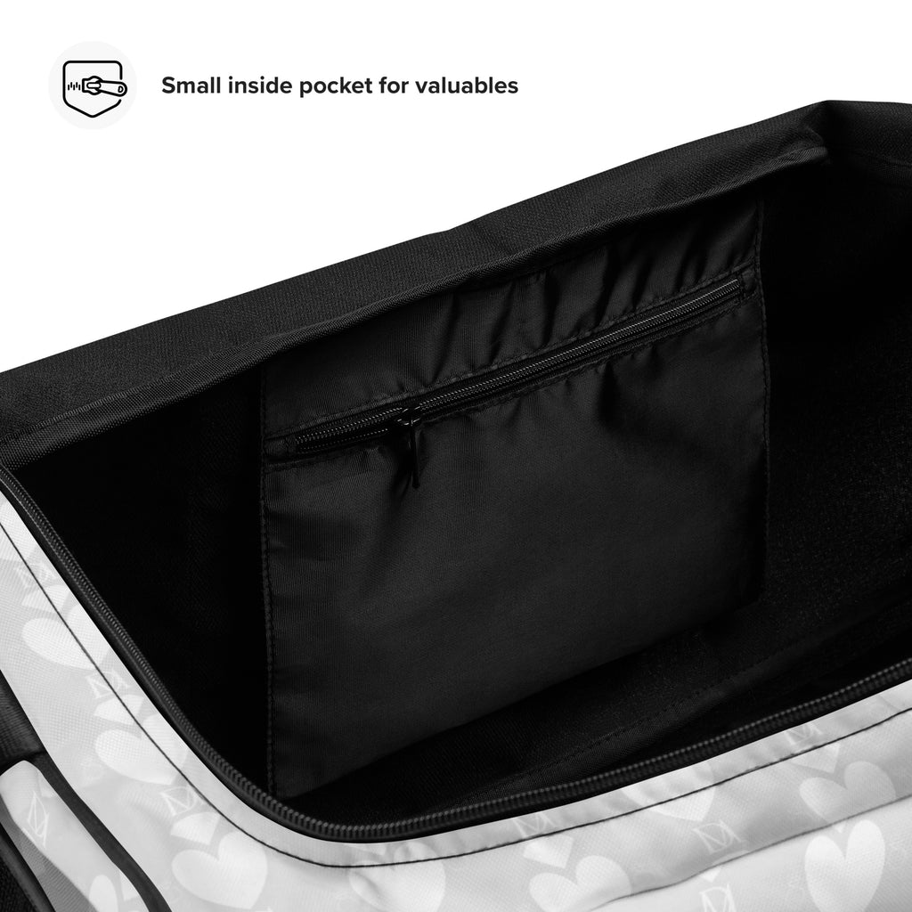 Daemon Luxury Frosted Heartfelt sunless all-over-print duffle bag in white with detailed heart pattern.