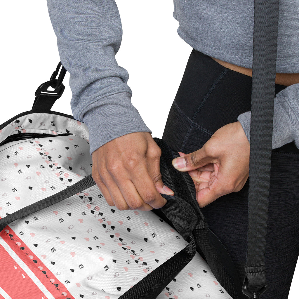 Daemon Luxury SACHI BANS Artica Blizzard duffle bag with all-over white print, showcasing its spacious design and stylish craftsmanship.
