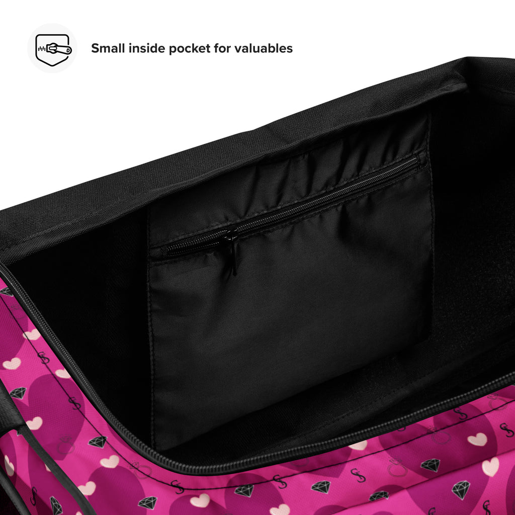 Heartfelt STF Little Magenta Borsone duffle bag by Daemon Luxury with all-over pink and white print, designed for stylish travel and storage