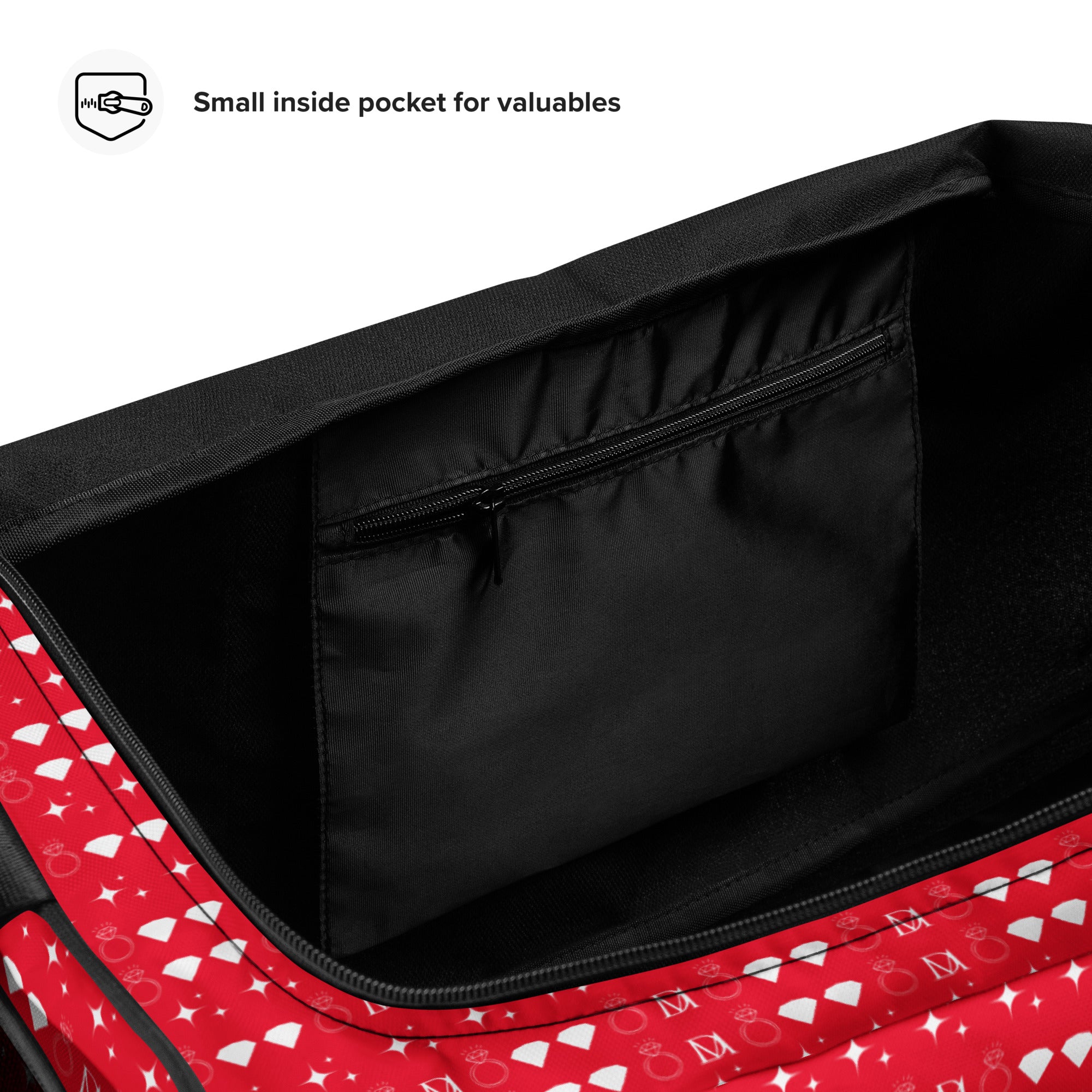 Daemon Luxury Frosted Diamonds Venus duffle bag with all-over white print, featuring a stylish, spacious travel and gym bag design.