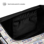 Daemon Luxury Honeybee Intel forecast duffle bag with all-over white print and durable fabric for travel and everyday use.