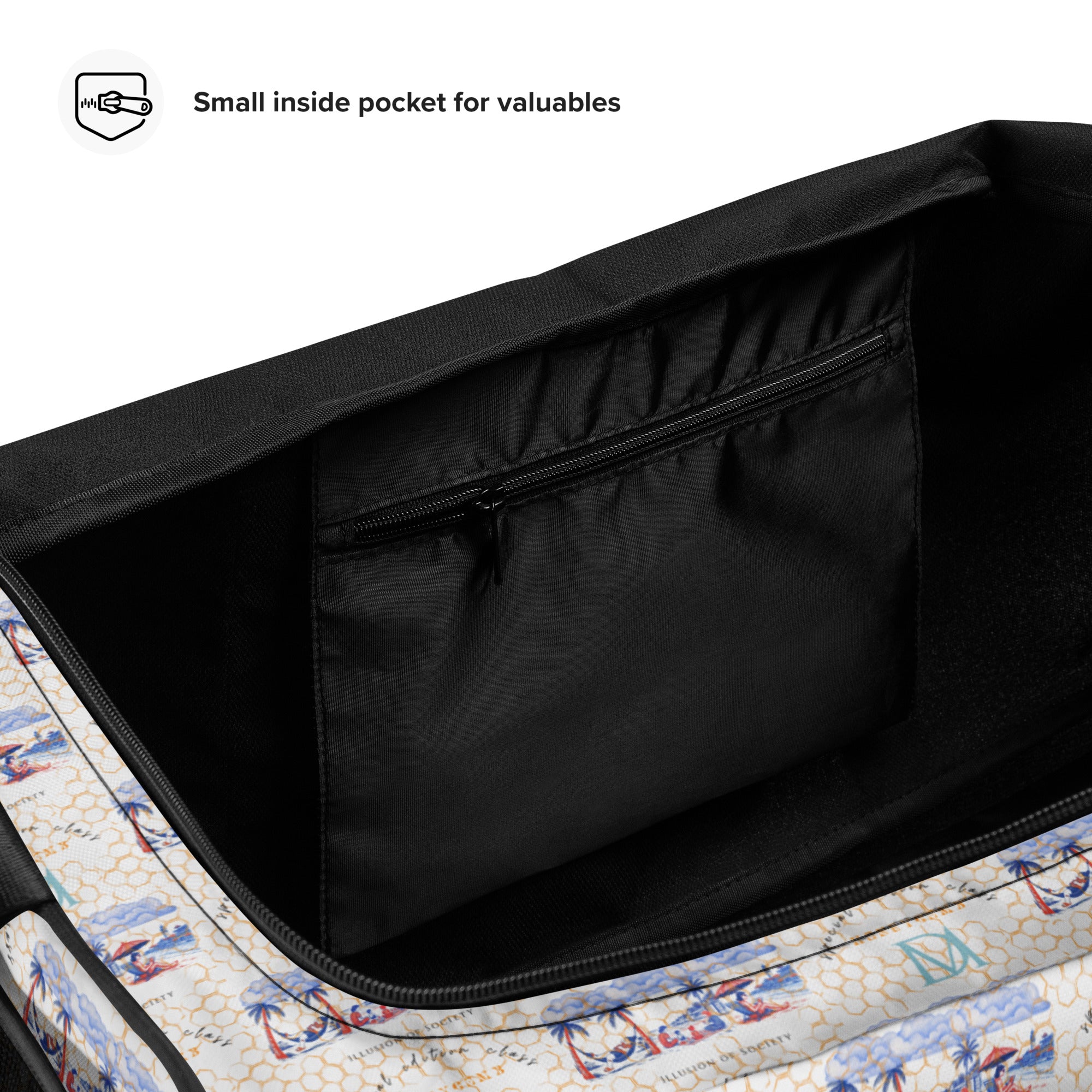 Daemon Luxury Honeybee Intel forecast duffle bag with all-over white print and durable fabric for travel and everyday use.
