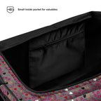 Daemon Luxury Carnival Bay Picasso Mirrors duffle bag with all-over white print, featuring artistic mirror design and durable fabric.