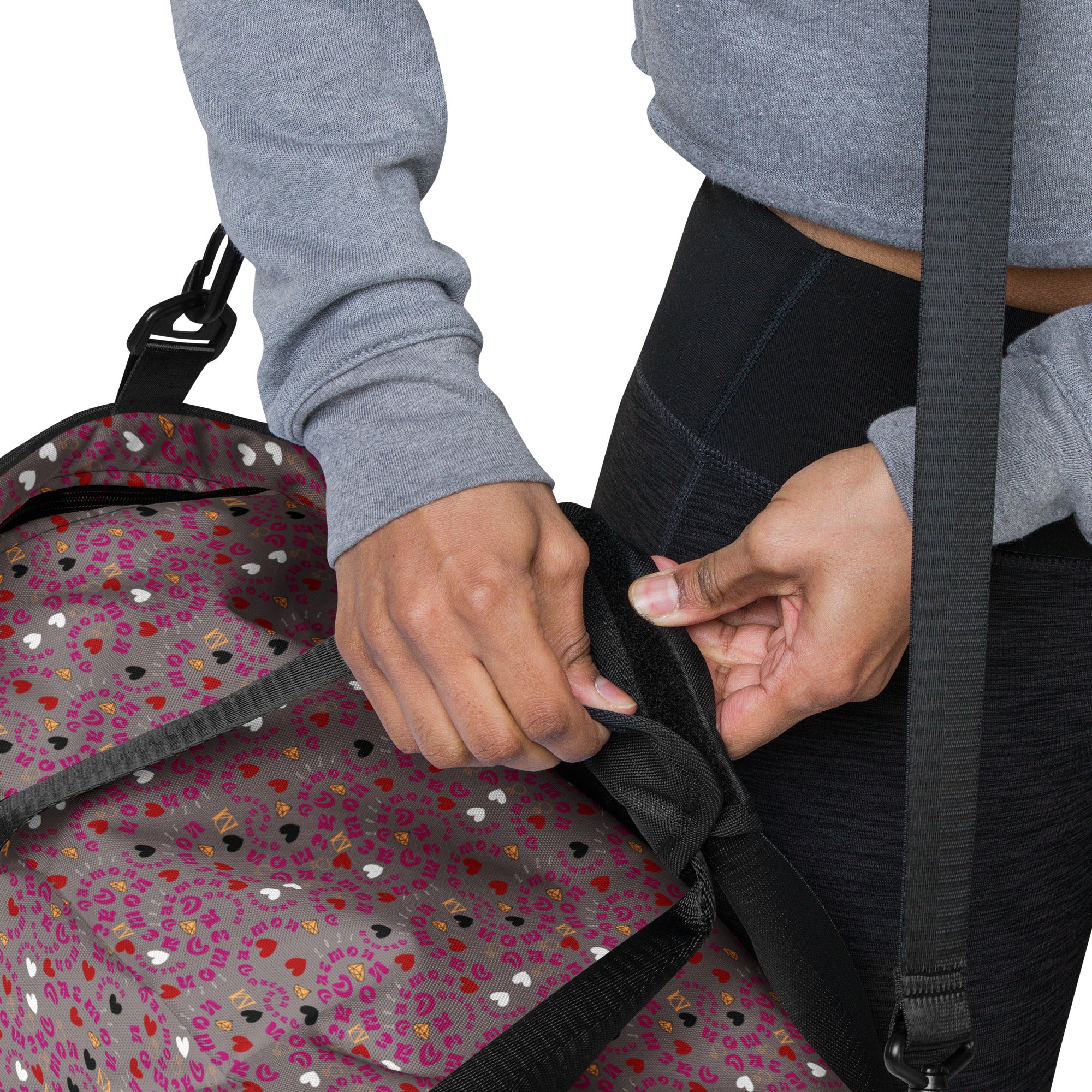 Daemon Luxury Carnival Bay Picasso Mirrors duffle bag with all-over white print, showcasing stylish, spacious travel accessory.