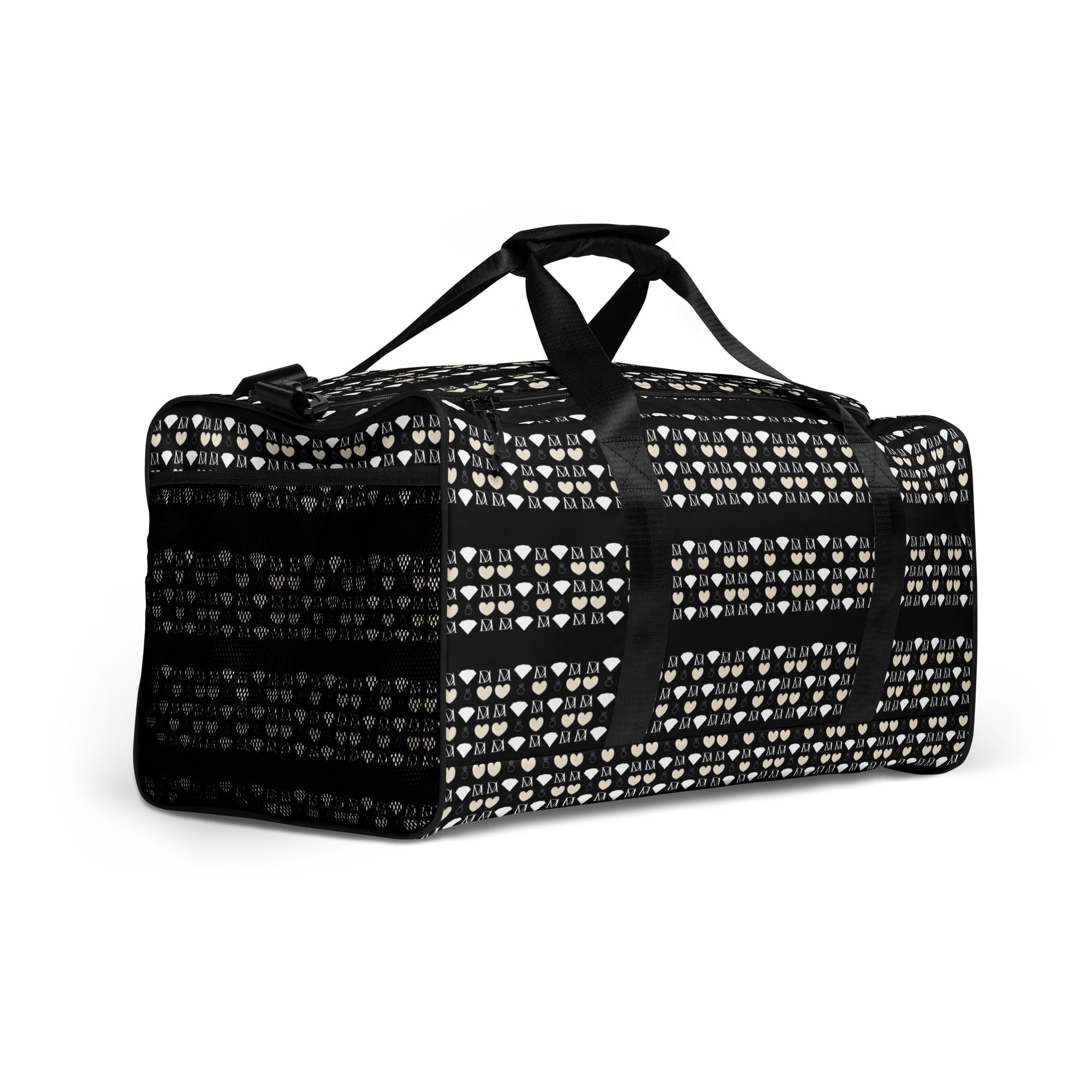 White Daemon Frosted Diamonds Rich Love duffle bag with all-over diamond pattern, right front view showing the stylish design.
