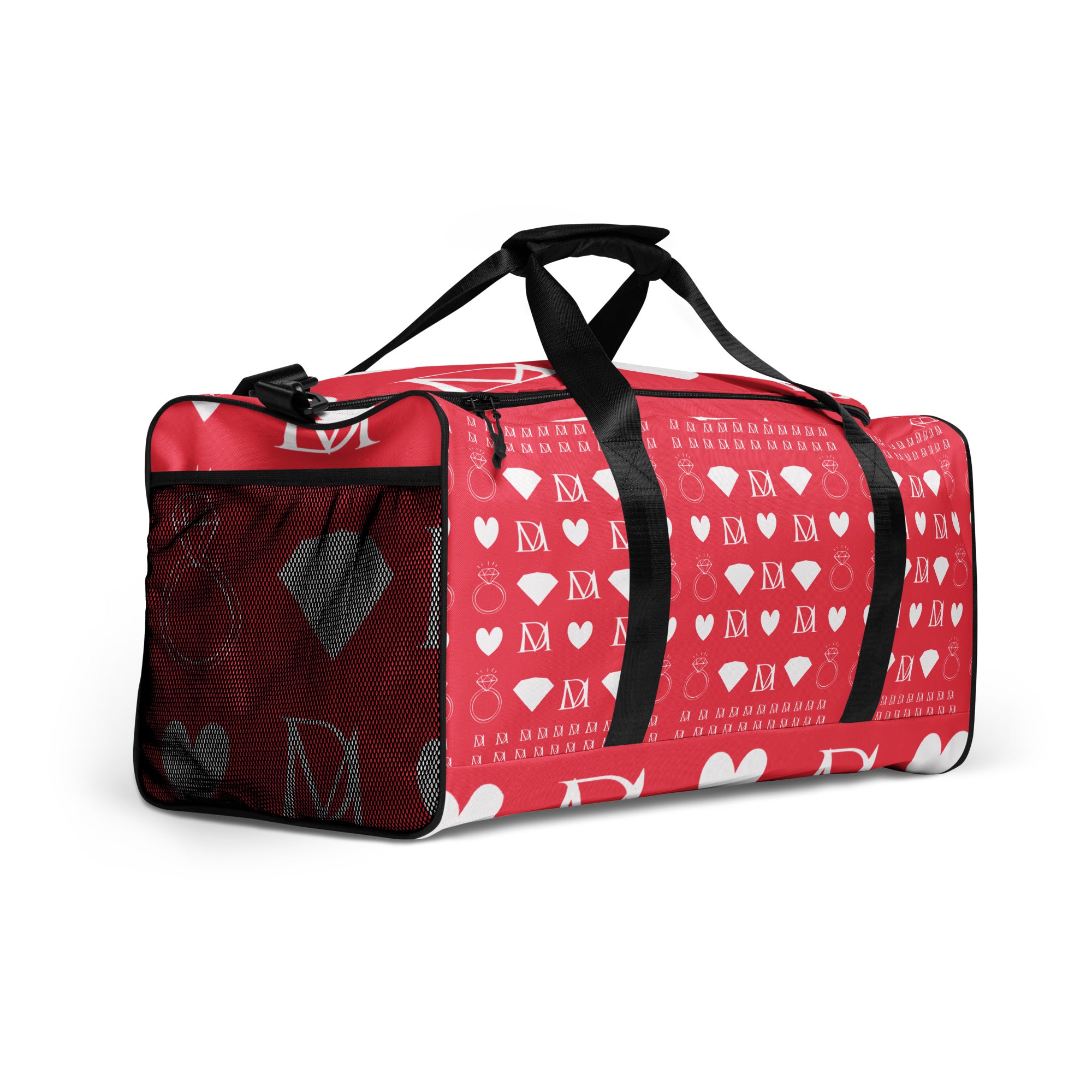 White Daemon Frosted Diamonds La Flame Borsone duffle bag with all-over diamond print, right-front view.