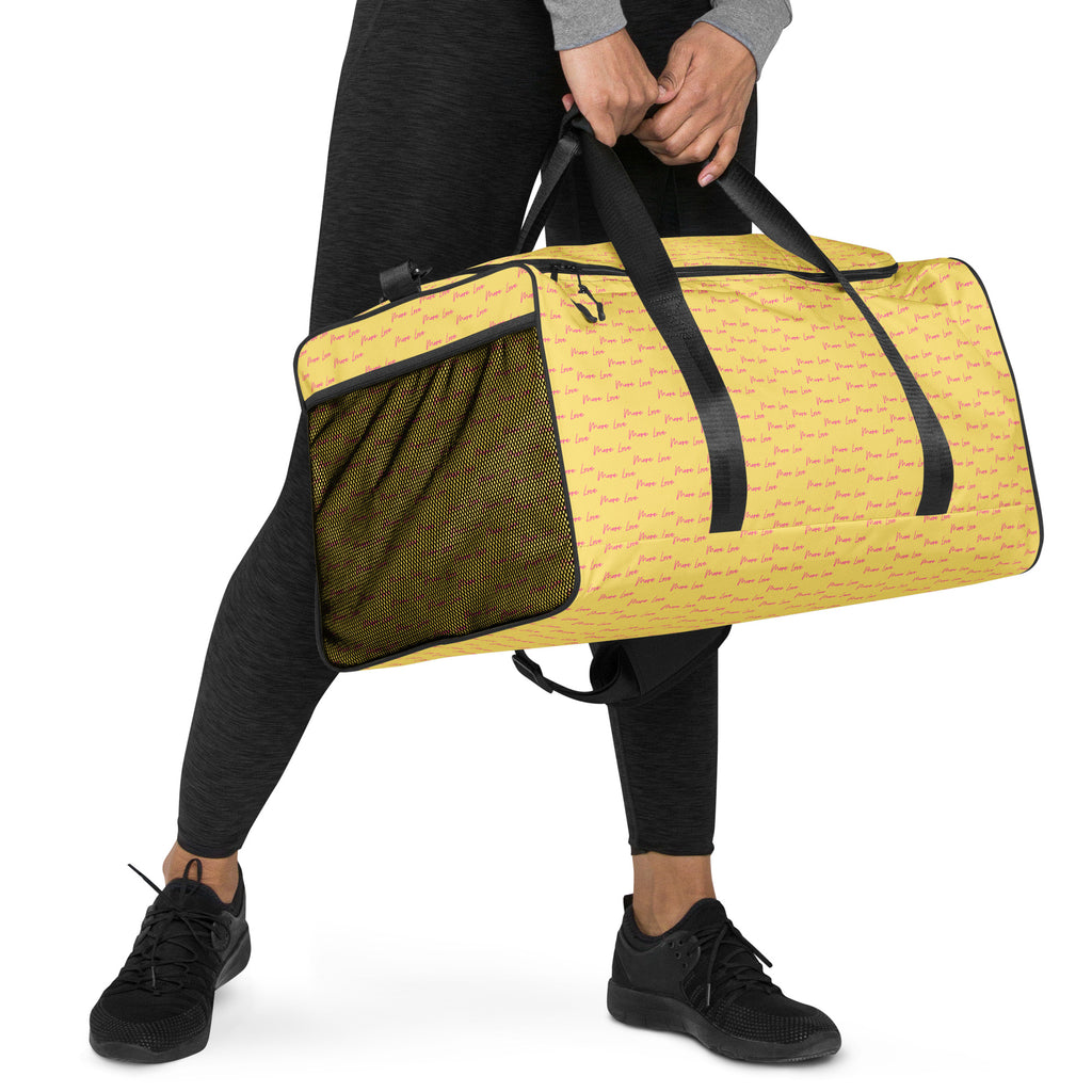 Daemon Luxury Pacifica Solar Butter all-over-print duffle bag in white, showing the right front view with vibrant design.