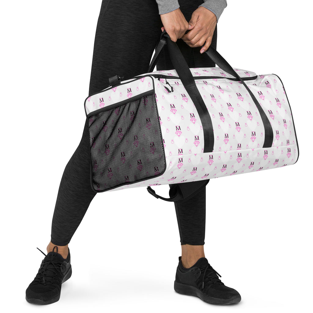 White Artica Frosted Hearts Borsone duffle bag by Daemon Luxury with all-over heart print, right-front view.