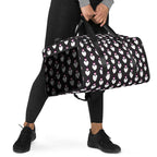 Daemon Luxury Frosted Hearts Nemesis Borsone duffle bag with all-over white hearts print, right-front view.
