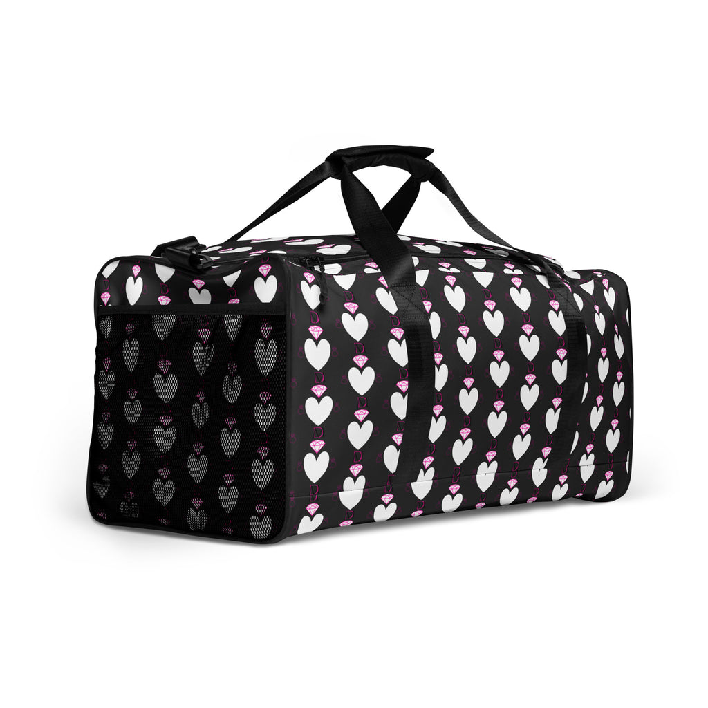Frosted Hearts Nemesis Borsone by Daemon Luxury, all-over-print white duffle bag with heart designs, right-front view.