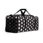 Frosted Hearts Nemesis Borsone by Daemon Luxury, all-over-print white duffle bag with heart designs, right-front view.