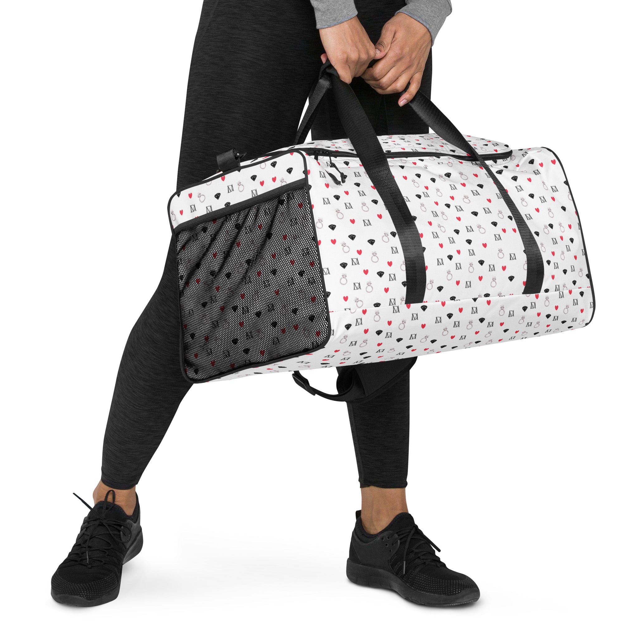 All-over print Daemon Luxury Speckled Diamonds Artica Blizzard duffle bag in white, showing the right front view with colorful speckled pattern.