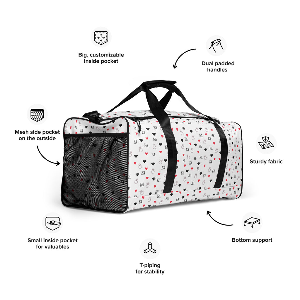 White Daemon Luxury Speckled Diamonds Artica Blizzard duffle bag with all-over print, right front view.