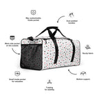 White Daemon Luxury Speckled Diamonds Artica Blizzard duffle bag with all-over print, right front view.