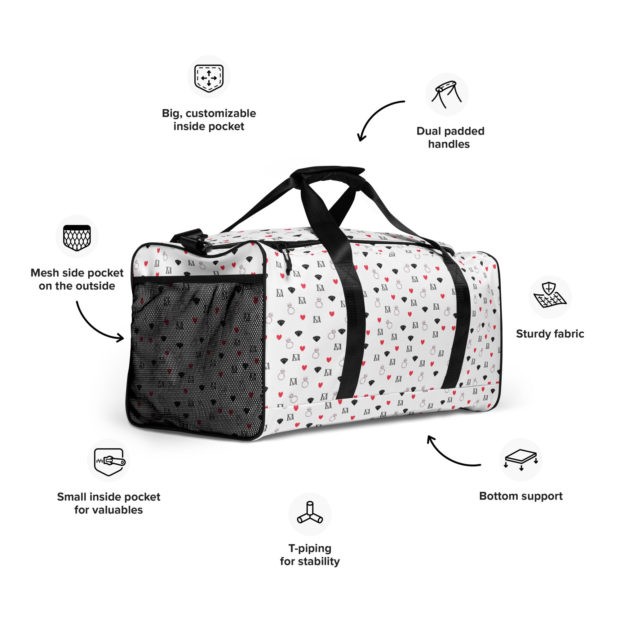 White Daemon Luxury Speckled Diamonds Artica Blizzard duffle bag with all-over print, right front view.