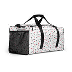 Daemon Luxury Speckled Diamonds Artica Blizzard duffle bag with all-over white and black diamond pattern, right front view.