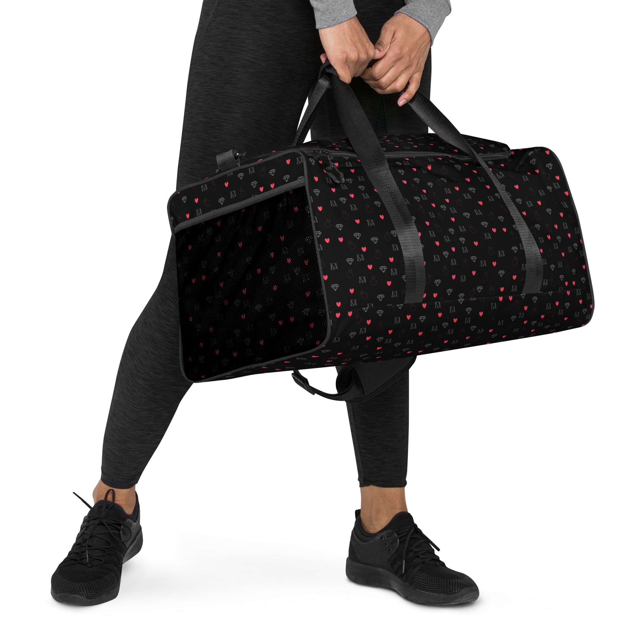 Daemon Luxury Speckled Diamonds NEMESIS duffle bag with all-over white print, shown from right front angle.