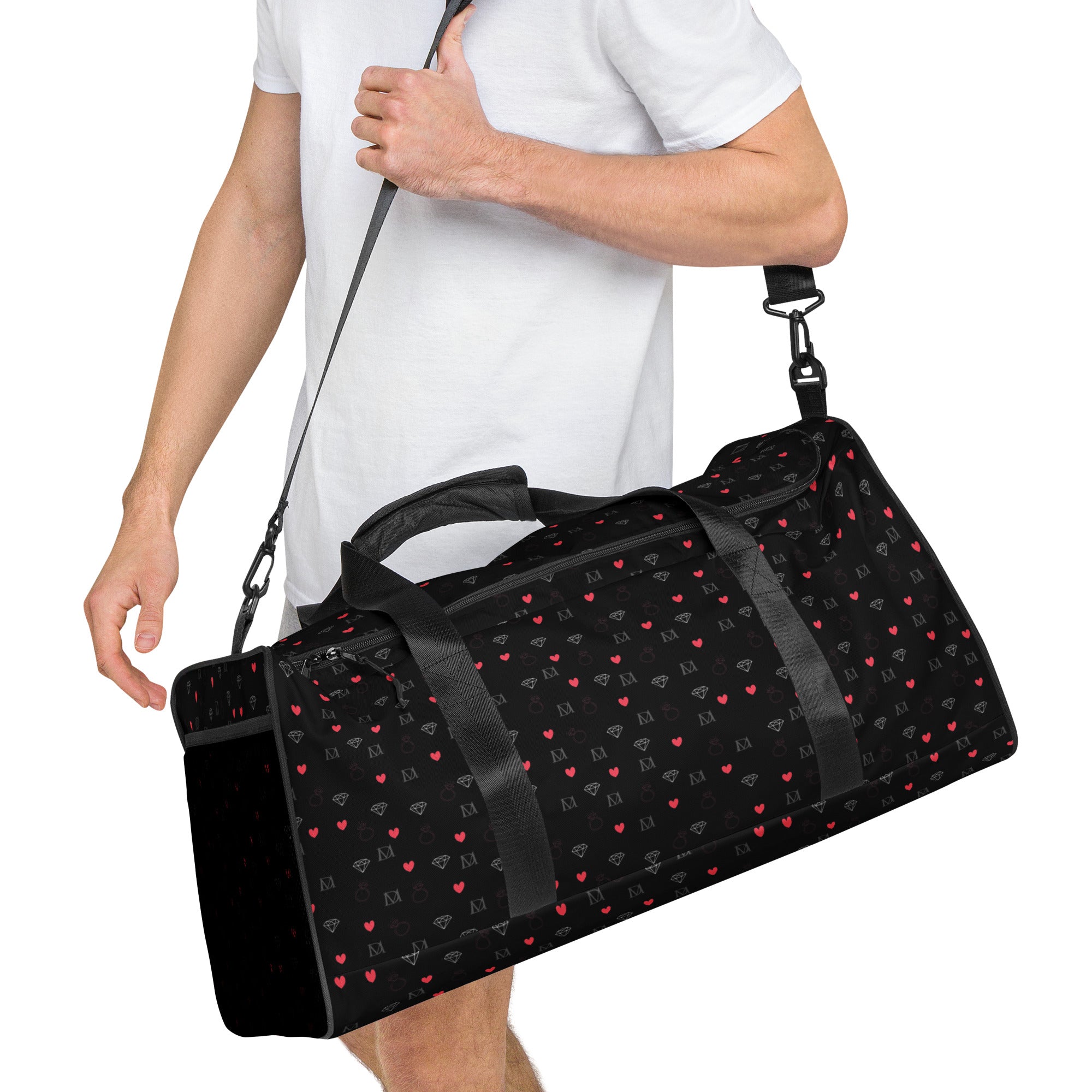 Daemon Luxury Speckled Diamonds (NEMESIS) Borsone duffle bag with all-over white print, right-front view showing stylish design.