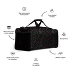 White Daemon Luxury Speckled Diamonds NEMESIS duffle bag with all-over print, showing right front view with black accents.
